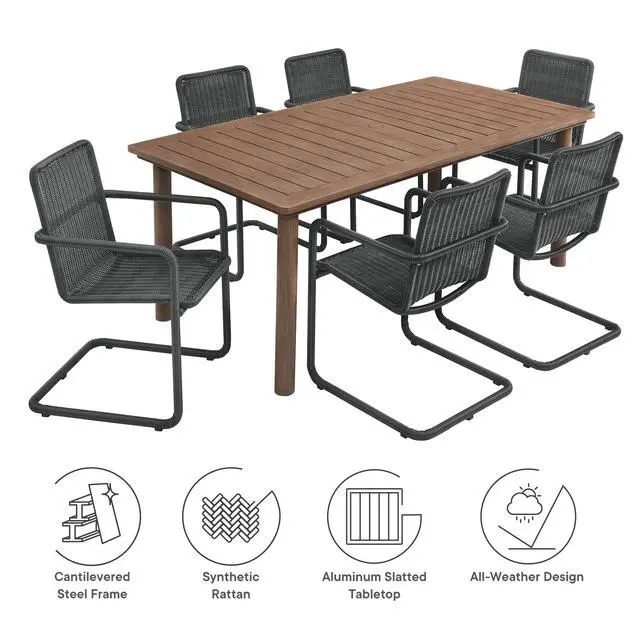 Alt view image 2 of 7 - Abacus and Parkland 7-Piece Rectangular Outdoor Patio Dining Table Set with Rattan Armchairs