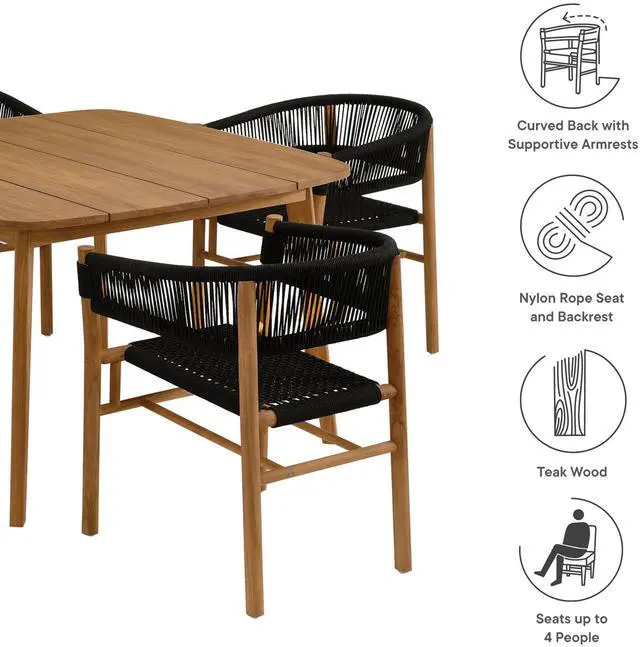 Alt view image 4 of 7 - Vienna 5-Piece Outdoor Patio Teak and Rope Dining Set with Curved-Back Armchairs by Modway