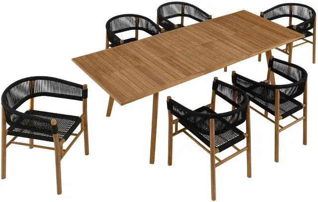 Main image of Vienna 7-Piece Outdoor Patio Teak and Rope Dining Set with Curved-Back Armchairs by Modway