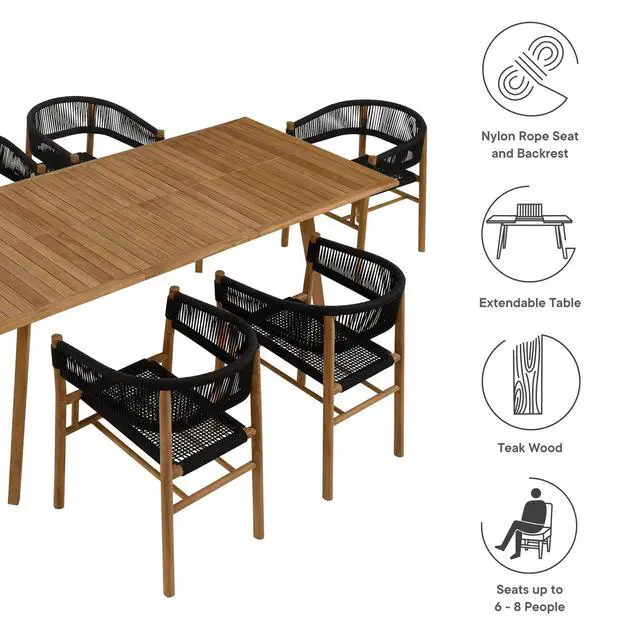 Alt view image 4 of 7 - Vienna 7-Piece Outdoor Patio Teak and Rope Dining Set with Curved-Back Armchairs by Modway