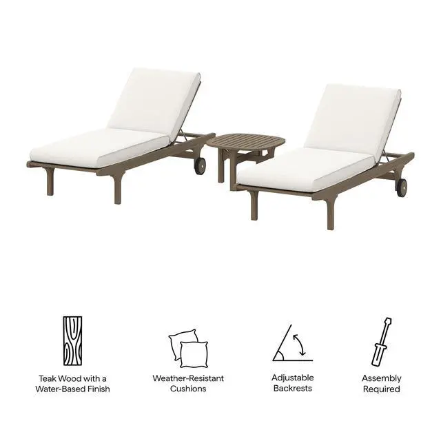 Alt view image 4 of 7 - Saratoga Outdoor Patio Teak Wood 3-Piece Chaise Lounge Furniture Set by Modway