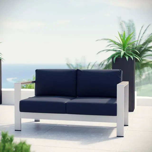 Alt view image 8 of 11 - Shore Outdoor Patio Aluminum Loveseat - Silver Navy