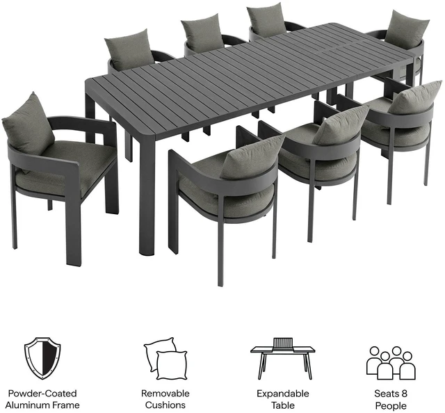 Alt view image 2 of 7 - Tahoe 9-Piece Outdoor Patio Aluminum Dining Set With Extendable Table by Modway