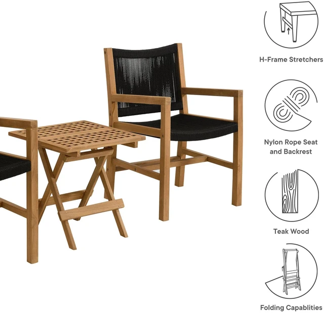 Alt view image 4 of 7 - Vienna 3-Piece Outdoor Patio Teak and Rope Armchairs with Folding Side Table by Modway