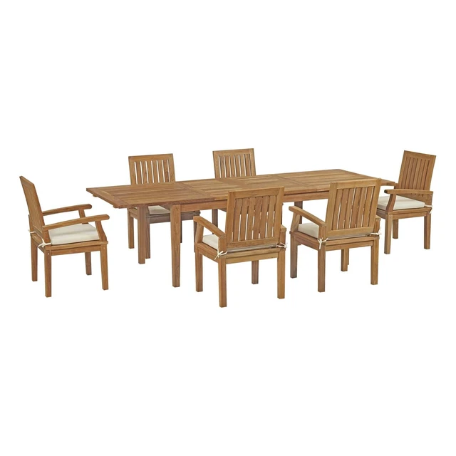 Alt view image 7 of 13 - Marina 7 Piece Outdoor Patio Teak Outdoor Dining Set - Natural White