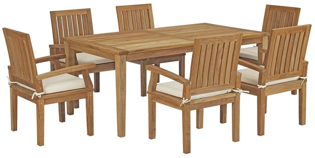 Alt view image 7 of 13 - Marina 7 Piece Outdoor Patio Teak Outdoor Dining Set - Natural White