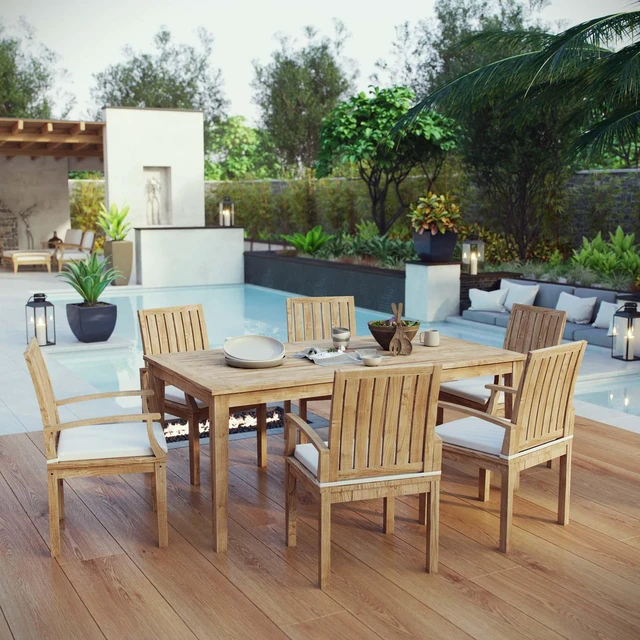 Alt view image 13 of 13 - Marina 7 Piece Outdoor Patio Teak Outdoor Dining Set - Natural White
