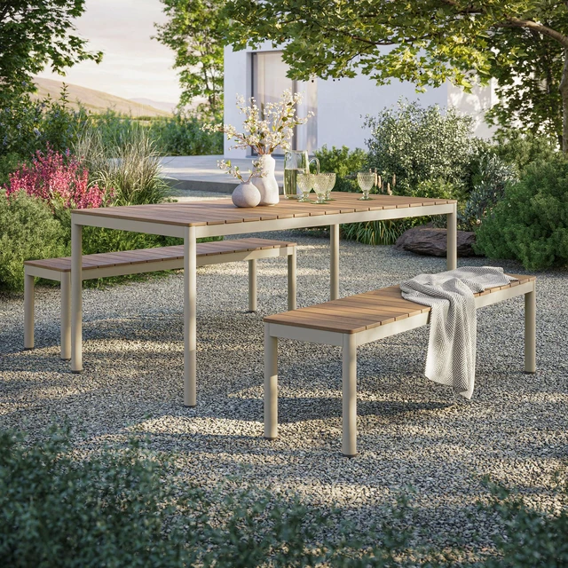 Alt view image 6 of 7 - Finn Outdoor Patio Aluminum Faux Wood Dining Set with Benches