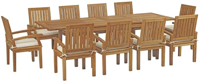 Alt view image 7 of 13 - Marina 11 Piece Outdoor Patio Teak Outdoor Dining Set - Natural White