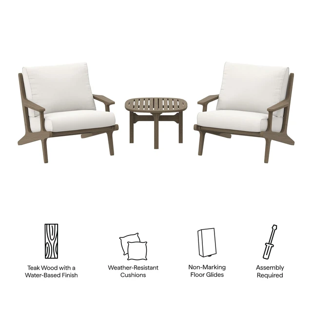 Alt view image 2 of 7 - Saratoga 3-Piece Outdoor Patio Teak Wood Furniture Set with Lounge Chairs and Side Table by Modway