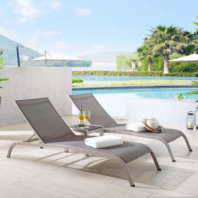 Alt view image 7 of 7 - Savannah 3 Piece Outdoor Patio Mesh Set, Chaise Lounge Chairs, Aluminum, Set of 2 or 4