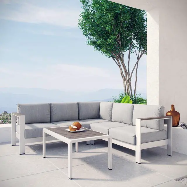 Alt view image 12 of 13 - Shore 4 Piece Outdoor Patio Aluminum Sectional Sofa Set - Silver Gray