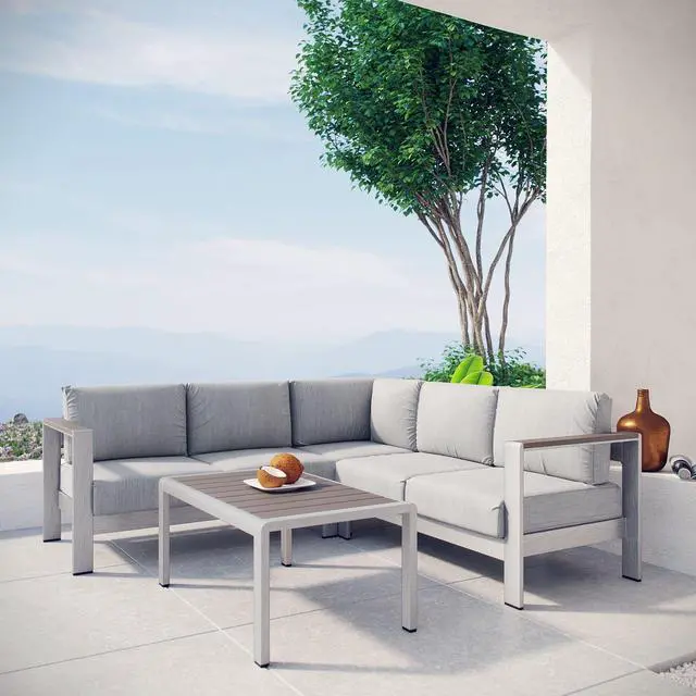 Alt view image 13 of 13 - Shore 4 Piece Outdoor Patio Aluminum Sectional Sofa Set - Silver Gray