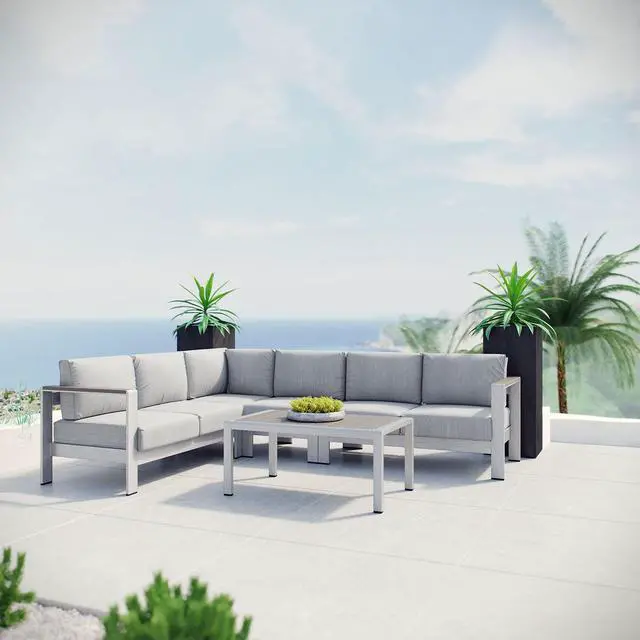 Alt view image 13 of 13 - Shore 5 Piece Outdoor Patio Aluminum Sectional Sofa Set - Silver Gray