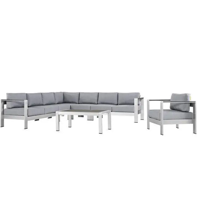 Alt view image 7 of 13 - Shore 7 Piece Outdoor Patio Aluminum Sectional Sofa Set - Silver Gray