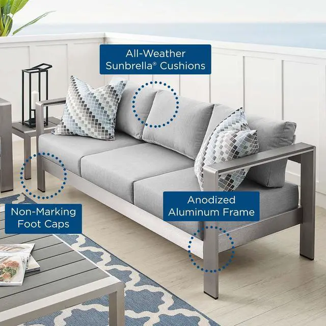 Alt view image 13 of 13 - Shore Sunbrella Fabric Aluminum Outdoor Patio Sofa Silver Navy