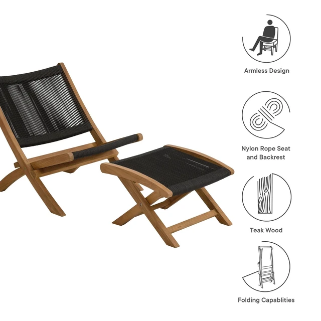 Alt view image 4 of 7 - Vienna 2-Piece Outdoor Patio Teak and Rope Folding Accent Lounge Chair and Ottoman Set by Modway