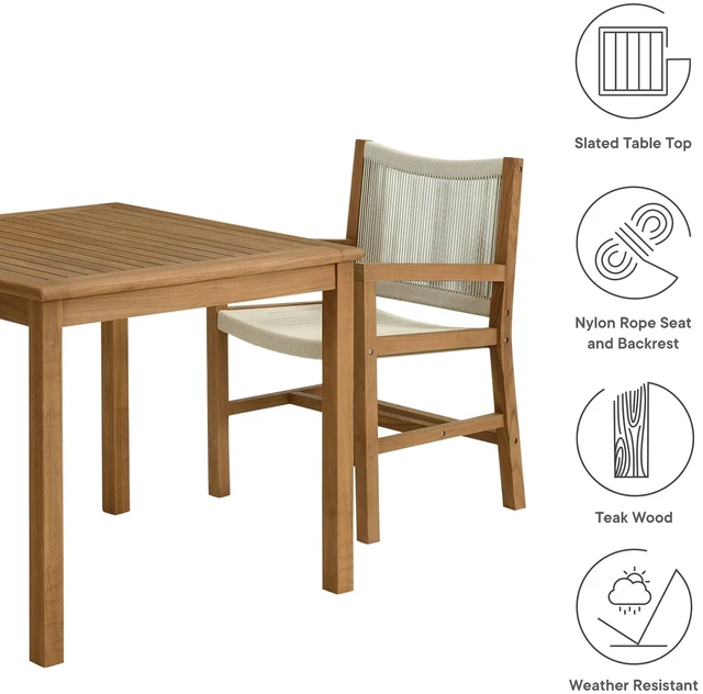 Alt view image 4 of 7 - Vienna 3-Piece Outdoor Patio Teak and Rope Dining Set with Armchairs and Armless Chairs