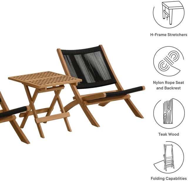 Alt view image 4 of 7 - Vienna 3-Piece Outdoor Patio Teak and Rope Folding Lounge Chairs and Side Table by Modway