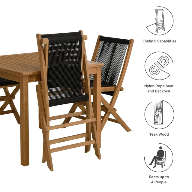 Alt view image 4 of 7 - Vienna 5-Piece Outdoor Patio Teak Wood Dining Set with Rope Folding Chairs by Modway