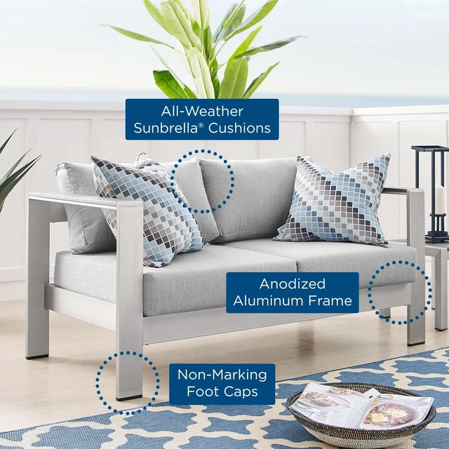 Alt view image 13 of 13 - Shore Sunbrella Fabric Aluminum Outdoor Patio Loveseat Silver Gray