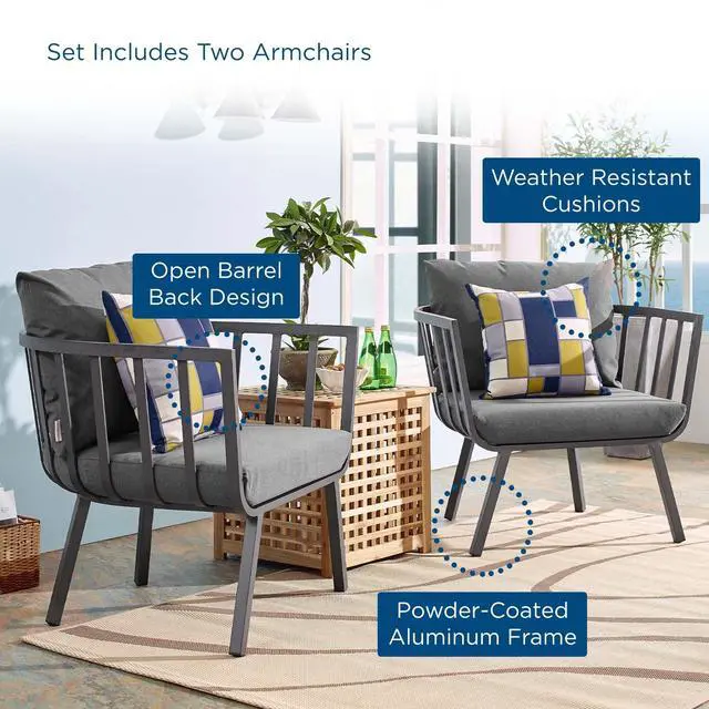 Alt view image 13 of 13 - Riverside Outdoor Patio Aluminum Armchair Set of 2 Gray Charcoal