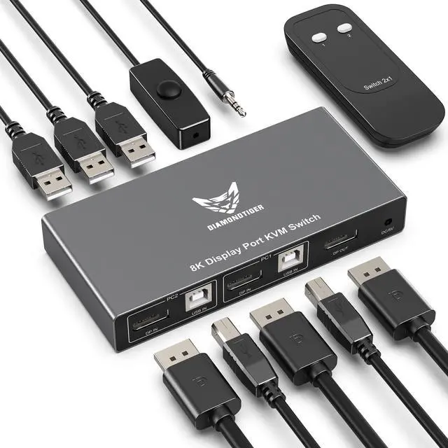 Main image of DiamondTiger KVM Switch Displayport - EDID 8K@60Hz, 4K@144Hz, DP 1.4 Display Port KVM Switch 2 Port for 2 Computers to Share 1 Monitor and 3 USB Devices Keyboard Mouse Printer
