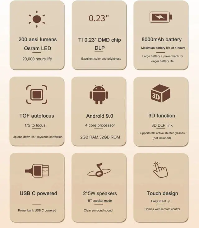 Alt view image 7 of 7 - GTBOX Mini DLP Projector 200 ANSI HD Video/Android 9.0 2GB + 32GB/Touchpad/TOF Autofocus/Wired and Wireless Same Screen/3D DLP /8000mAh Battery/Built-in 10W Speaker/Built-in App Store/storage box