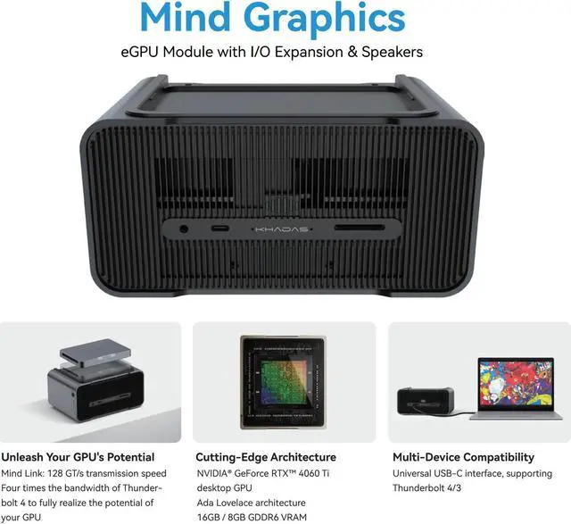 Alt view image 3 of 3 - Khadas Mind 1 i7-1360P Desktop PC with RTX 4060 Ti External eGPU Dock 16GB GDDR6 with Speakers for Laptops, Up to PCIe 4.0 x8, 128 GT/s, HDMI 2.1a×2, USB4×1, Supports 4K & 8K, 32GB+1TB