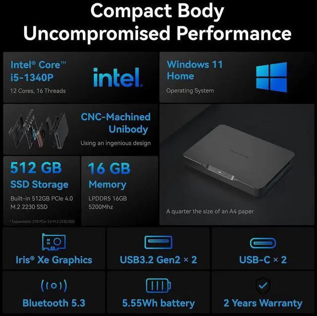 Alt view image 2 of 7 - Khadas Mind 1 Mini PC, Intel Core i7-1360P 5.0GHz Micro Desktop Computer with 5.55Wh Standby Battery, 32GB LPDDR5, 1TB PCIe 4.0 SSD, WiFi 6E, BT5.3, Portable Computer for Business Home Office