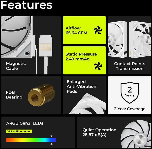 Alt view image 2 of 7 - TRYX ROTA SL ARGB White 120mm Case Fan 3in1 Contact Connection with Magnetic Cable Gen2 ARGB Light Quiet PC Case Fan