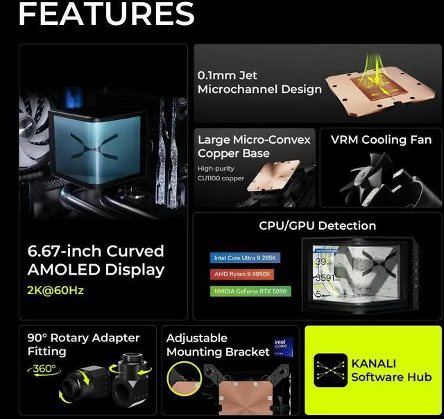 Alt view image 2 of 7 - TRYX Panorama CPU Water Block 6.67'' AMOLED Curved Screen 3D Anamorphic Effect Display 2K@60Hz Customizable Content with VRM Fan and 90° Rotary Adapter for Intel LGA 1700/1851/1200 AMD AM5/AM4