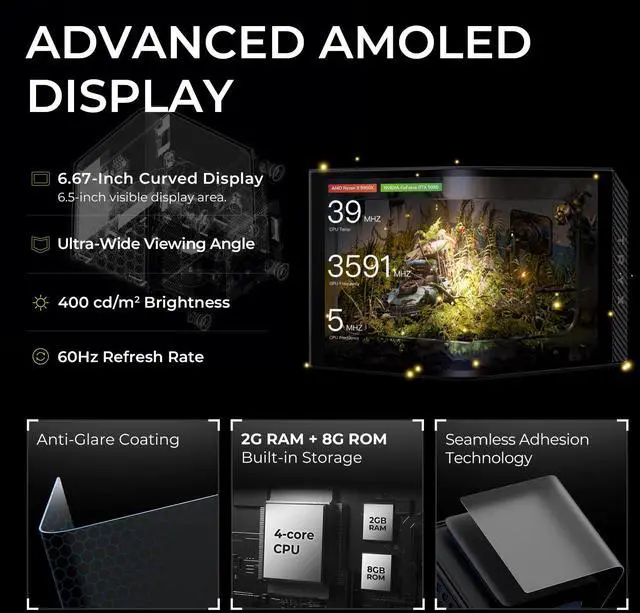 Alt view image 3 of 7 - TRYX Panorama CPU Water Block 6.67'' AMOLED Curved Screen 3D Anamorphic Effect Display 2K@60Hz Customizable Content with VRM Fan and 90° Rotary Adapter for Intel LGA 1700/1851/1200 AMD AM5/AM4