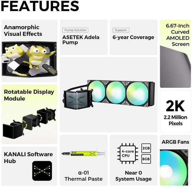 Alt view image 3 of 7 - TRYX Panorama SE 360 ARGB 360mm AIO Rotatable 6.67'' AMOLED Curved Screen 3D Anamorphic Effect Customizable AIO Cooler 360mm Asetek Adela 280w TDP ARGB Fan Intel LGA 1851/1700/1200/115X AMD AM5/AM4