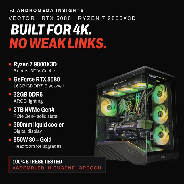 Alt view image 2 of 5 - Andromeda Insights Ultra 50 Vector - RTX 5080 16GB GDDR7 | Ryzen 7 9800X3D 4.7 GHz (5.2 GHz Turbo Boost) | 32GB DDR5 6000MHz | 2TB Gen4 SSD