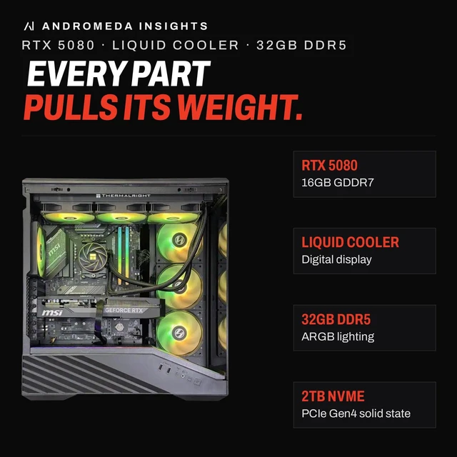 Alt view image 3 of 5 - Andromeda Insights Ultra 50 Vector - RTX 5080 16GB GDDR7 | Ryzen 7 9800X3D 4.7 GHz (5.2 GHz Turbo Boost) | 32GB DDR5 6000MHz | 2TB Gen4 SSD