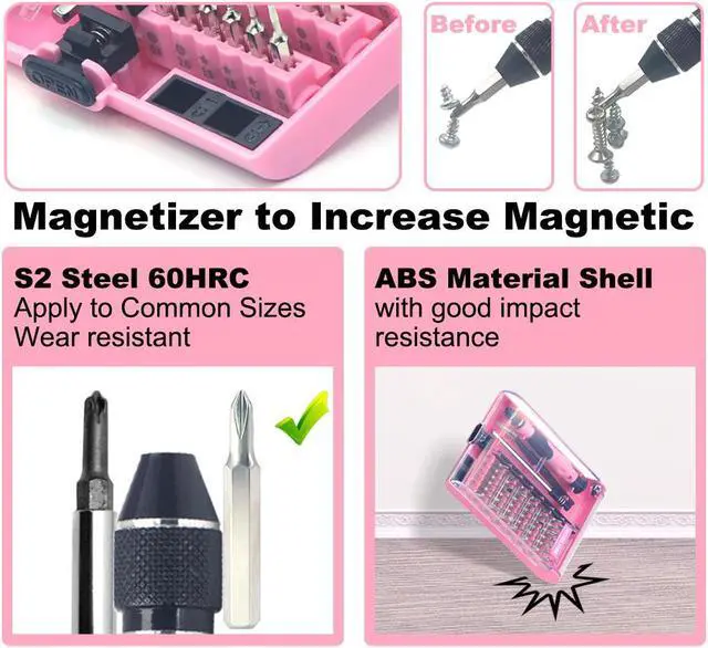 Alt view image 5 of 7 - VCELINK Pink Screwdriver Set, Upgraded Small Precision Screwdriver Kit 45 in 1 with Case, Magnetic Repair Tool Set Gift for Women Compatible with PC, Electronic, Watch, Eyeglasses, DIY Project