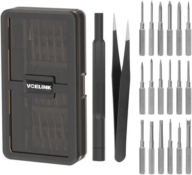 Main image of VCELINK Small Screwdriver Set with Long Bits, S2 Phillips, Flathead, Security Torx Bits, 20 in 1 Mini Screwdriver Kit with Tweezers Compatible with iPhone, MacBook, Watch, PS4, Laptop, Eyeglasses