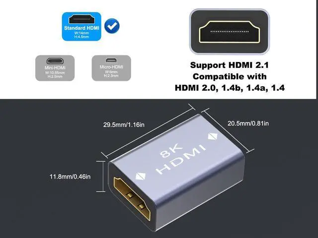 Alt view image 3 of 7 - VCELINK HDMI Coupler 8K, HDMI 2.1 Female to Female Connector HDMI Extension Adapter, Support 8K@60Hz / 4K@120Hz 120UHD, 7680 * 4320 Resolution, 3D, HDR, ARC for Laptop, PC, Monitor, Roku TV, 2 Pack