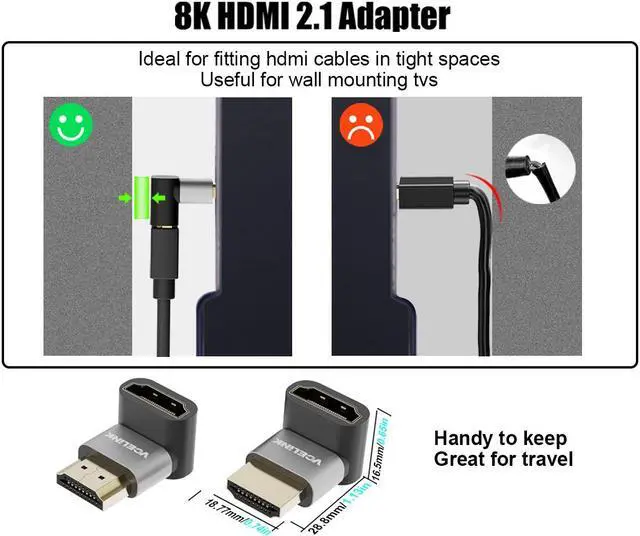 Alt view image 5 of 7 - VCELINK 8K@60Hz HDMI Right Angle Adapter, 90 Degree and 270 Degree HDMI Adapter Male to Female, HDMI 2.1 Cable Adapter with 4K@120Hz, HDR, eARC for for HDTV Switch Laptop PS4 PS5 Xbox, 2-Pack