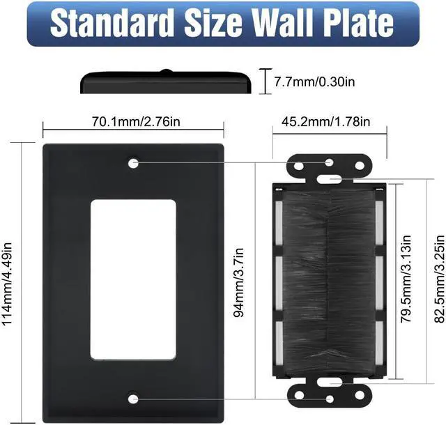 Alt view image 3 of 7 - VCELINK Brush Wall Plate with Bracket, Cable Pass Through Insert with UL Listed Single Gang Decorator Wall Cover for Low Voltage Cables, Cord Hider for Wall Mount TV, Home Theater System, Black 2-Pack