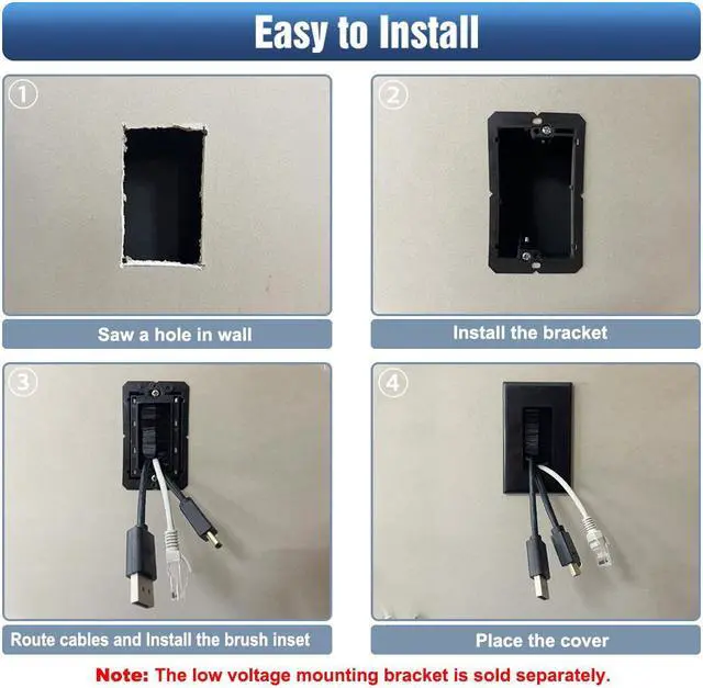 Alt view image 6 of 7 - VCELINK Brush Wall Plate with Bracket, Cable Pass Through Insert with UL Listed Single Gang Decorator Wall Cover for Low Voltage Cables, Cord Hider for Wall Mount TV, Home Theater System, Black 2-Pack