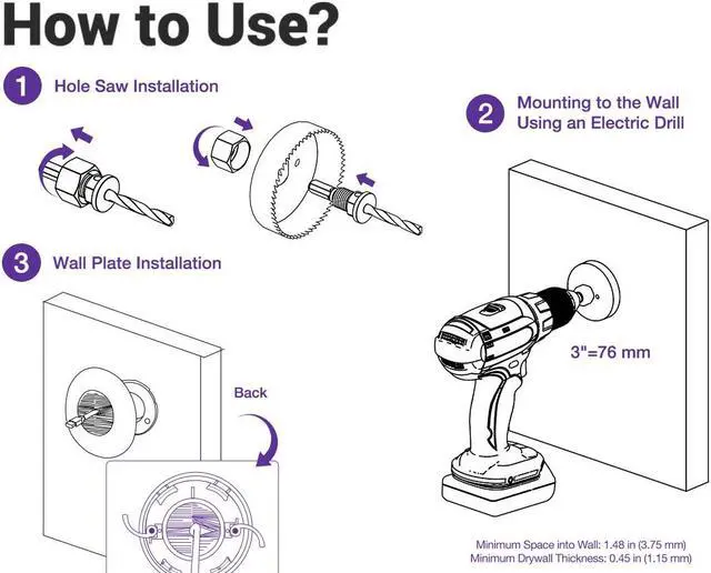 Alt view image 7 of 7 - VCELINK Brush in Wall Cable Management Kit for Wall Mounted TV, Cord Hider for Low Voltage Cables Pass Through, Includes Hole Saw Drill Attachment and Mounting Brackets for Easy Install, White, 2-Pack