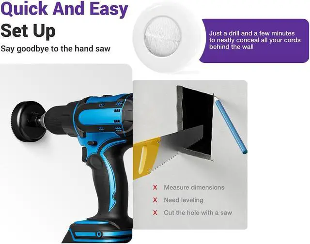 Alt view image 4 of 7 - VCELINK Brush in Wall Cable Management Kit for Wall Mounted TV, Cord Hider for Low Voltage Cables Pass Through, Includes Hole Saw Drill Attachment and Mounting Brackets for Easy Install, White, 2-Pack