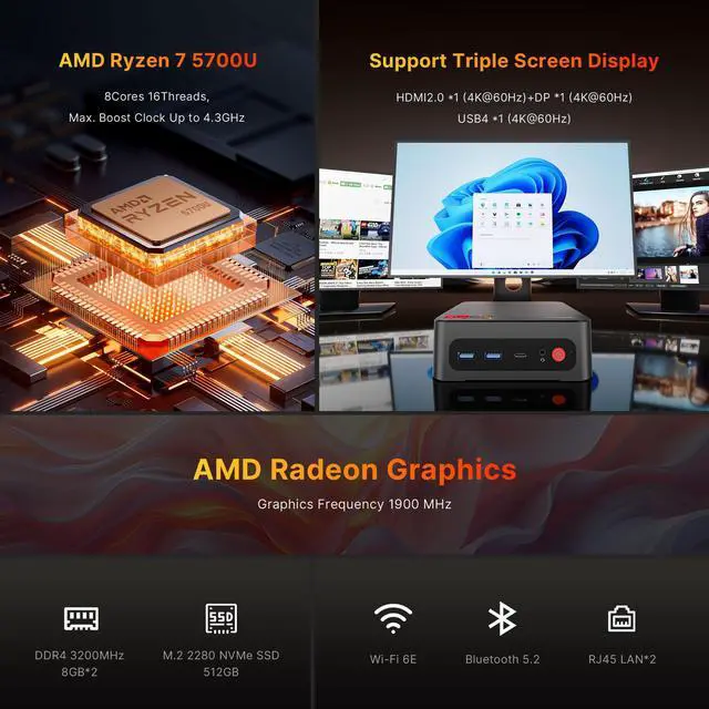 Alt view image 2 of 7 - BOSGAME Mini PC P4 AMD Ryzen 7 5700U,Mini Computers 16GB RAM 512GB SSD, Winodws 11 Pro/Triple 4K Displays/Dual 2.5 GbE LAN/WiFi6E/BT5.2
