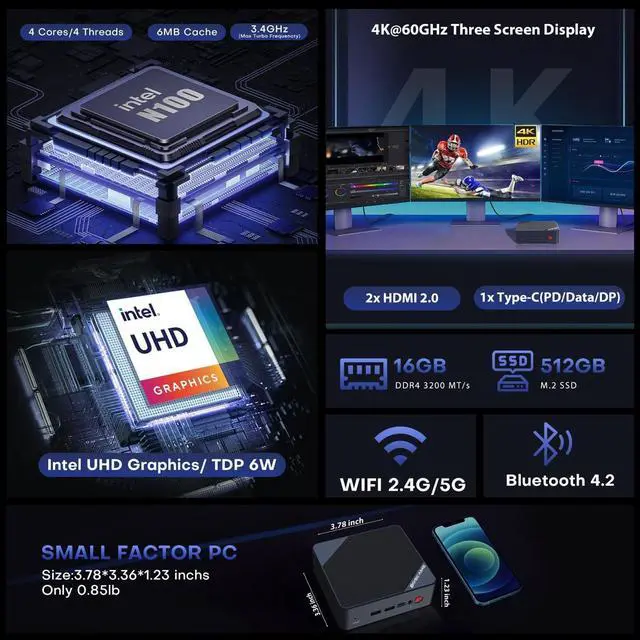 Alt view image 3 of 7 - BOSGAME B100 Mini PC Intel 12th Gen N100 Preinstalled Ubuntu Linux 22.04, 16GB DDR4 RAM 512GB PCIe x1 SSD Linux Server Computers, 4K Triple Display/USB3.2/WiFi 5/2.5GbE