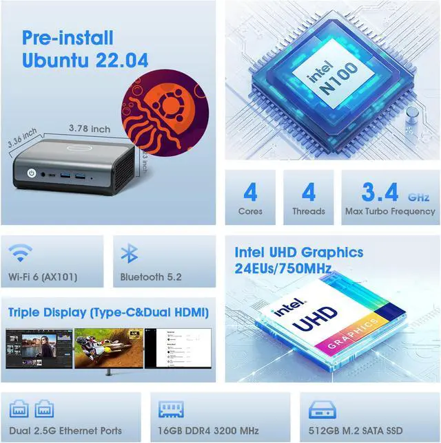Alt view image 3 of 7 - BOSGAME E1 Mini PC Dual LAN 2.5GbE, Intel 12th Gen N100 16GB DDR4 512GB SSD, Mini Server Desktop Computer Preinstalled Ubuntu 22.04/2xHDMI+USB-C/4K Triple Display/Home Server