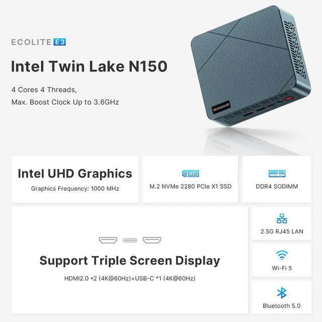 Alt view image 2 of 7 - BOSGAME E3 Mini PC, Intel N150(Beat N100/N95) 16GB DDR4 RAM 512GB SSD Mini Comuter, Windows 11 Pro/4K Triple Display/WiFi 5/BT5.0/USB 3.2