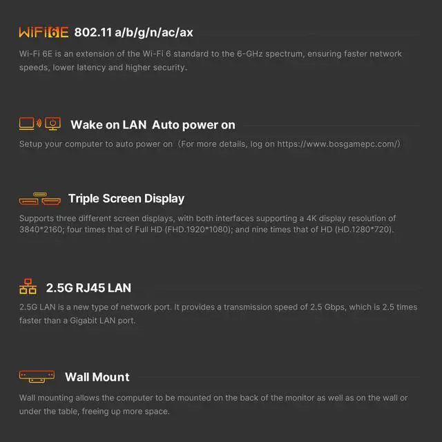 Alt view image 6 of 7 - BOSGAME P4 Ultra Mini PC, Ryzen 7 7730U (8C/16T, up to 4.5GHz), 16GB DDR4 1TB SSD, 2*2.5G LAN, Wi-Fi 6E, BT5.2, 4K Triple Display HDMI+DP+Type-C