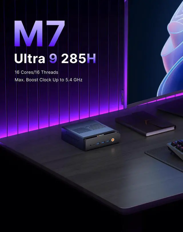 Alt view image 2 of 7 - BOSGAME M7 Mini PC, Intel Core Ultra 9 285H (16C/16T, Up to 5.4GHz), 32GB DDR5 5600MHz 1TB PCIe4.0 SSD, OCulink, Dual 2.5G LAN, Thunderbolt 4, Quad 8K Display, WiFi 6, BT 5.2